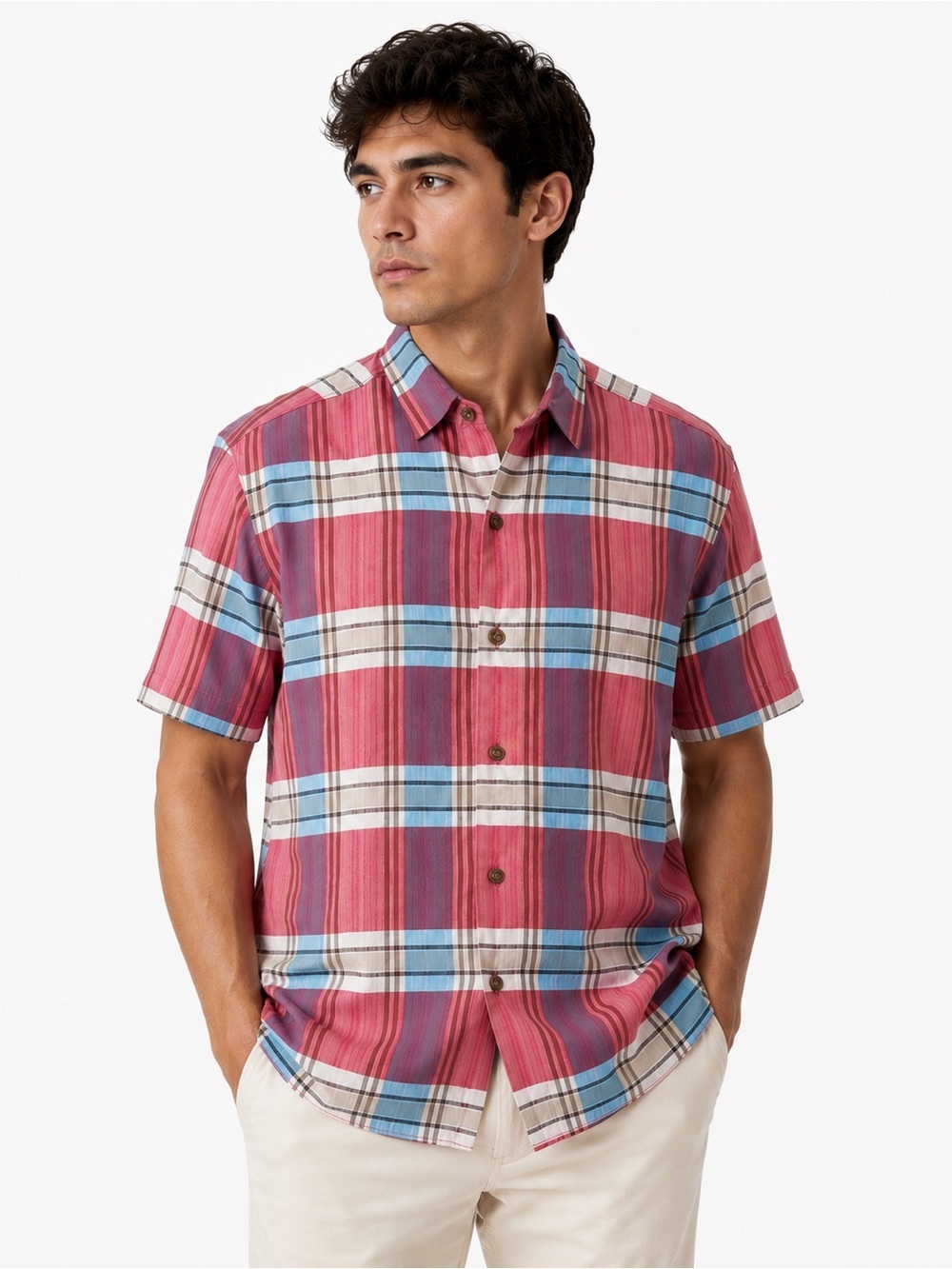 Tommy Bahama Salmon Pink and Blue Plaid Short-Sleeve Button-Down Shirt Size M